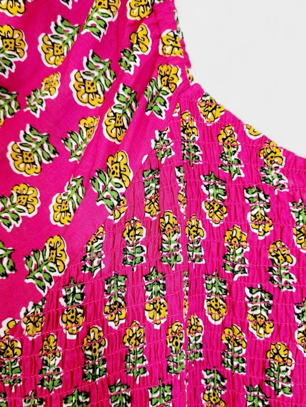LEA Fuschia Floral Indian Block Print Smocked Puff Sleeve Maxi Dress 2X - Picture 4 of 8